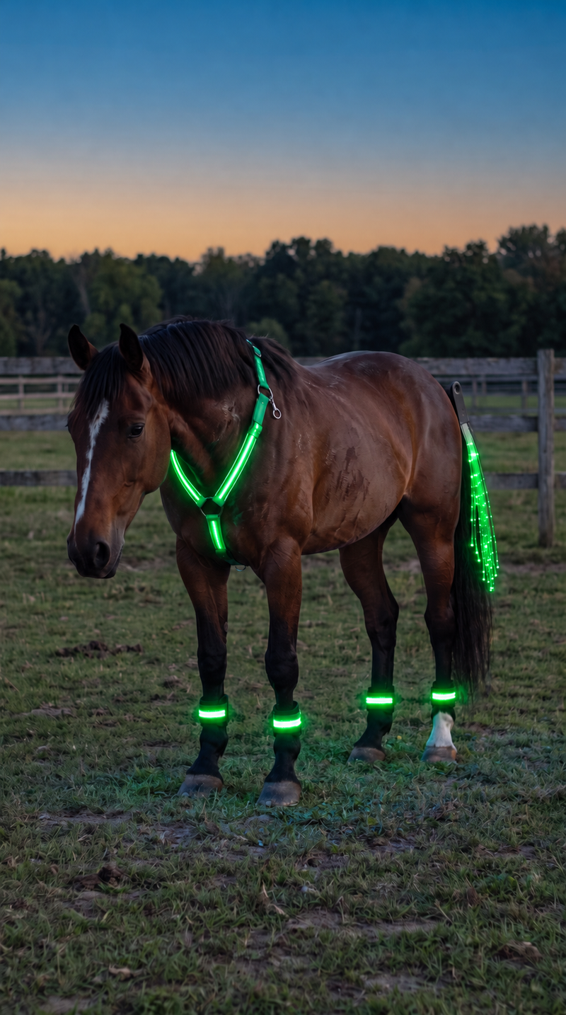 Horse lit up with LED lights at dusk